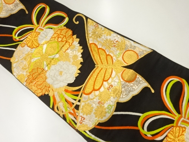 JAPANESE KIMONO / ANTIQUE FUKURO OBI / SILK / WOVEN BUTTERFLY & FLORAL KUSUDAMA